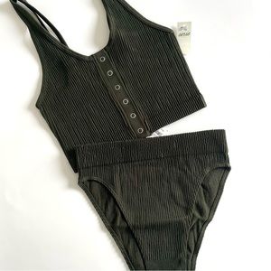 [aerie] Ribbed Bralette & High Waisted Cheeky Undies Set Olive Green Small NWT